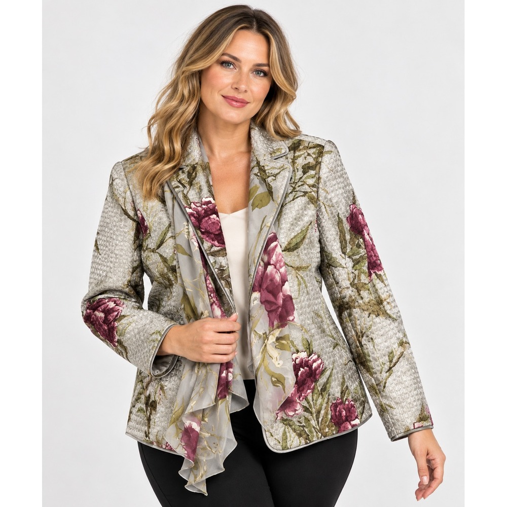 Linda Allard Ellen Tracy Floral Silk Wool Blazer Jacket & Scarf Set Gray Sz 14